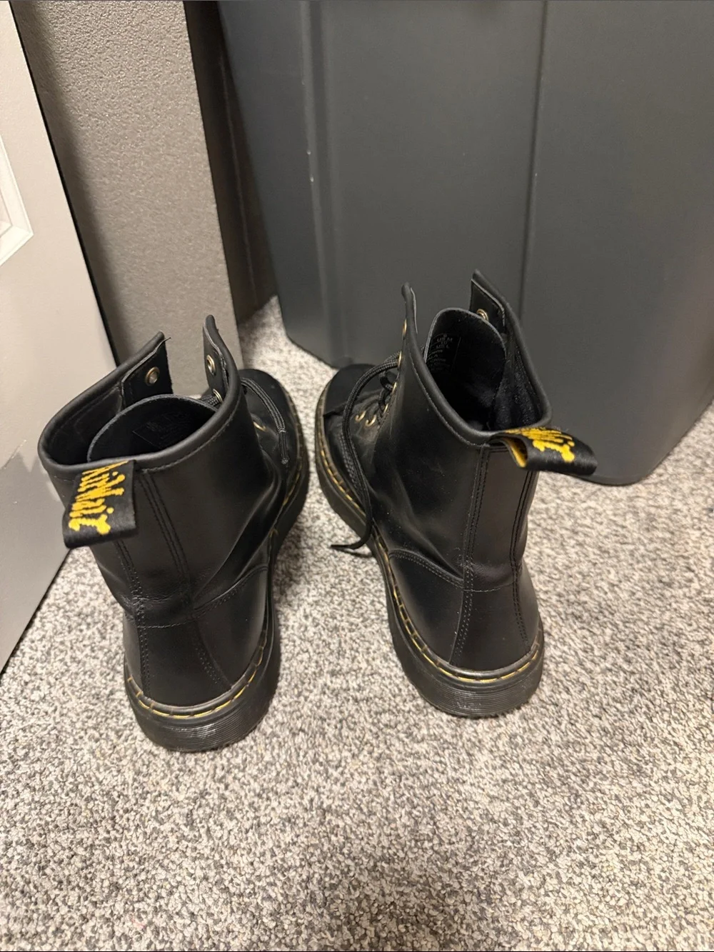 Doc Martens Zavala Black Leather Combat Boots with Yellow Stitching - men’s 10